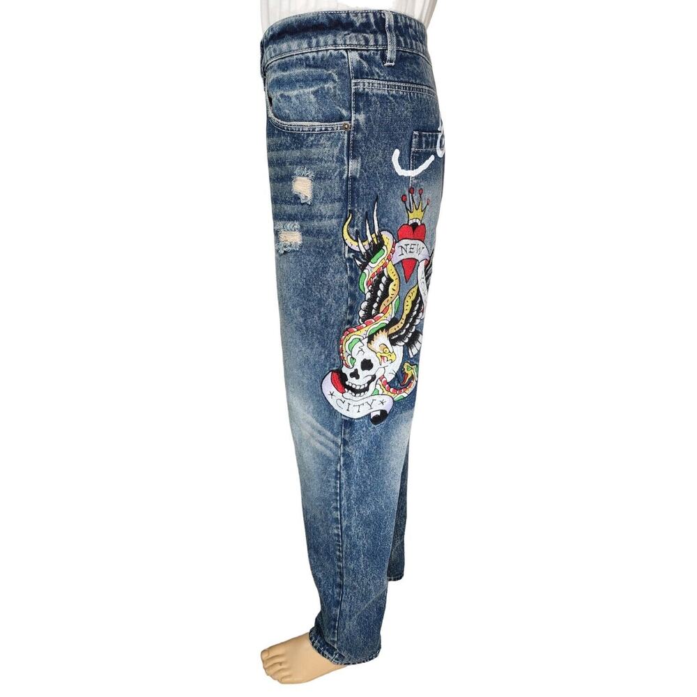Ed Hardy Denim Jeans Eagle Patch Distressed Jeans Mens 38(Actual 20" flat)x31 5"
